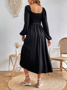 SHEIN VCAY Square Neck Lantern Sleeve Belted Dress - Black - View 2