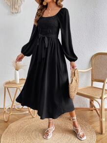 SHEIN VCAY Square Neck Lantern Sleeve Belted Dress - Black - View 7