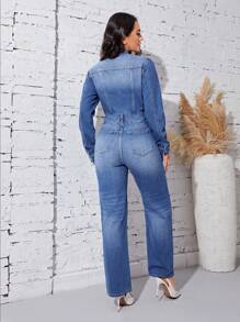 SHEIN Privé Flap Pocket Button Front Denim Jumpsuit
