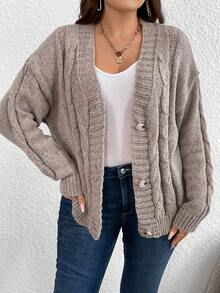 SHEIN LUNE 大碼麻花編織落肩袖開襟衫 - 卡其色 - 查看 3