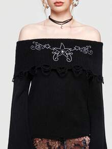 Hippie 一字肩鐘形袖花卉刺繡仿舊邊套頭毛衣 - 黑色 - 查看 5