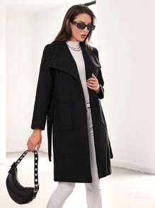 EURMUSE Waterfall Collar Dual Pocket Belted Overcoat - Black - View 4