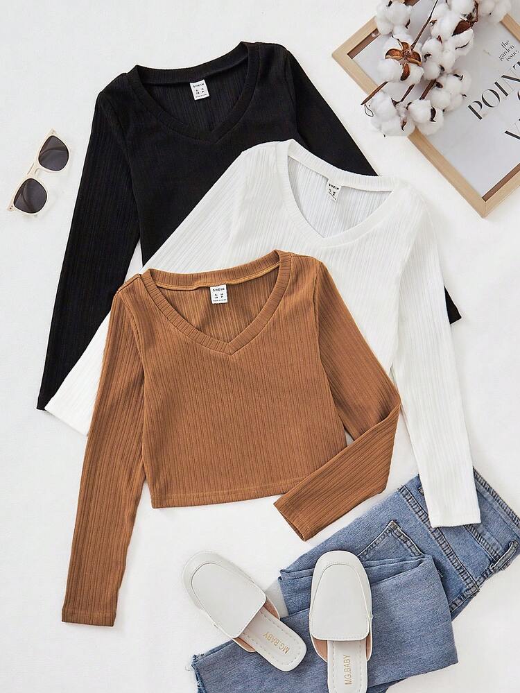 Tween Girl 3pcs Ribbed Knit V Neck Tee