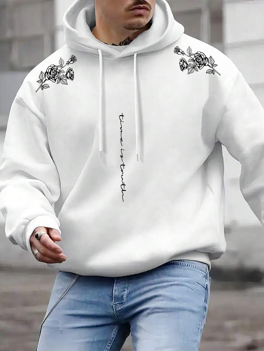 Manfinity Homme Loose Fit Men's Thermal Hoodie With Floral Print & Slogan Graphic And Drawstring - White - View 1