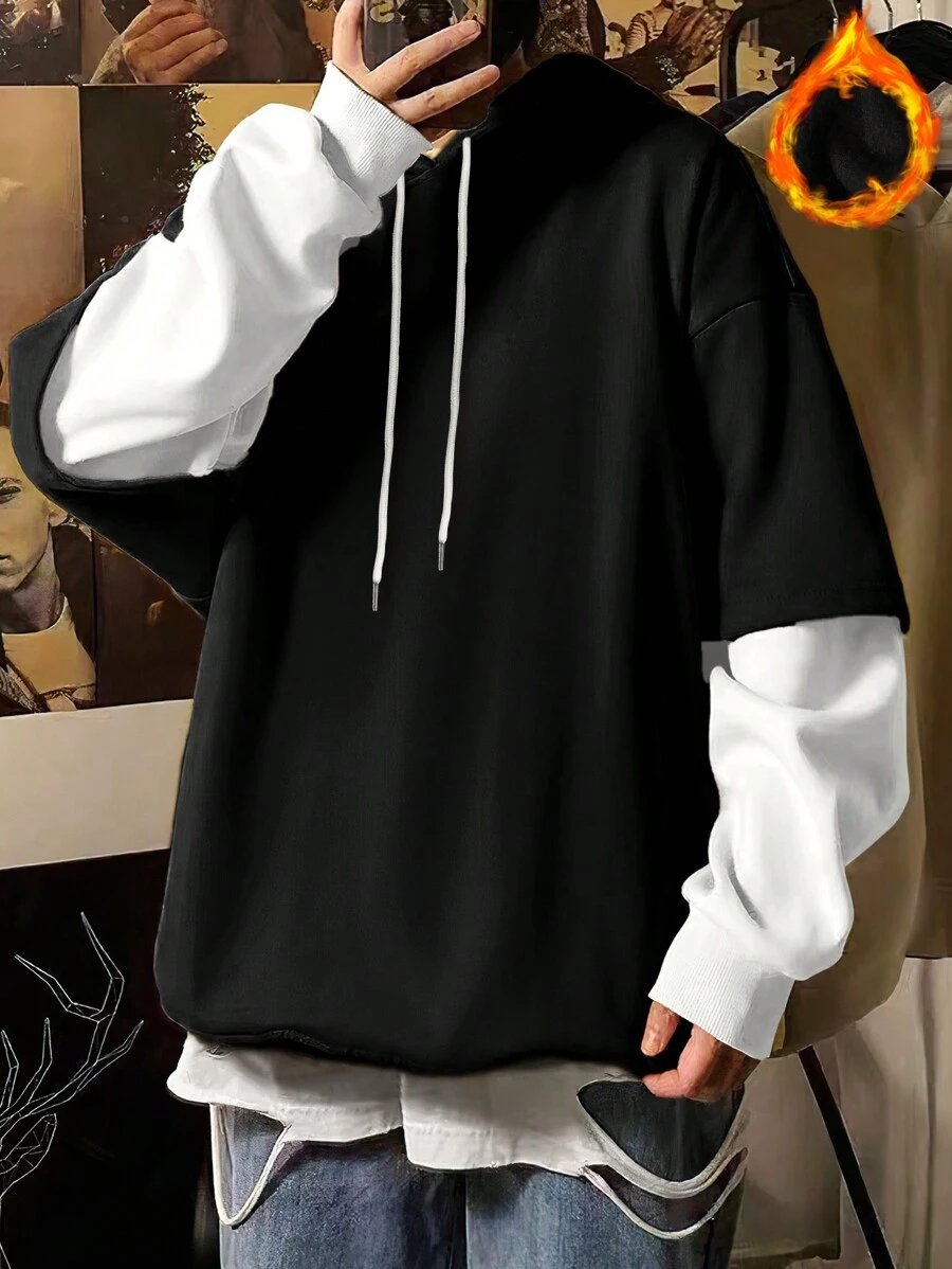 Claim Dot 男士宽松撞色二合一连帽卫衣，带抽绳，黑白配色，Y2K风格男士连帽衫，休闲男士连帽衫，秋季长袖上衣 - 黑色 - 查看 1
