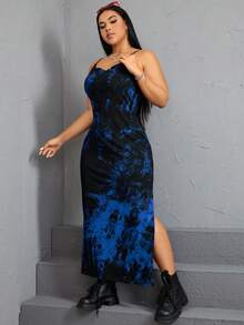 SHEIN EZwear 大碼紮染高衩吊帶洋裝 - 藍色 - 查看 5