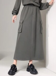 Seusyu 翻蓋口袋開衩短裙 - 灰色 - 查看 4