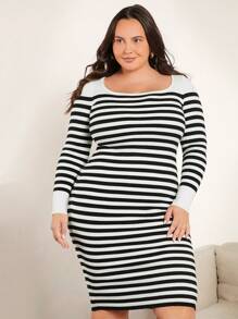 SHEIN BASICS Plus Striped Pattern Scoop Neck Sweater Dress - Black and White - View 6