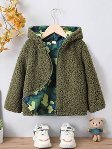 SHEIN Young Boy Zip Up Hooded Reversible Coat - Army Green - View 4