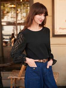 SHEIN Frenchy Lưới tương phản tay áo lá sen Cắt vỏ sò Nút Quay lại Áo sơ mi - màu đen - Xem 2