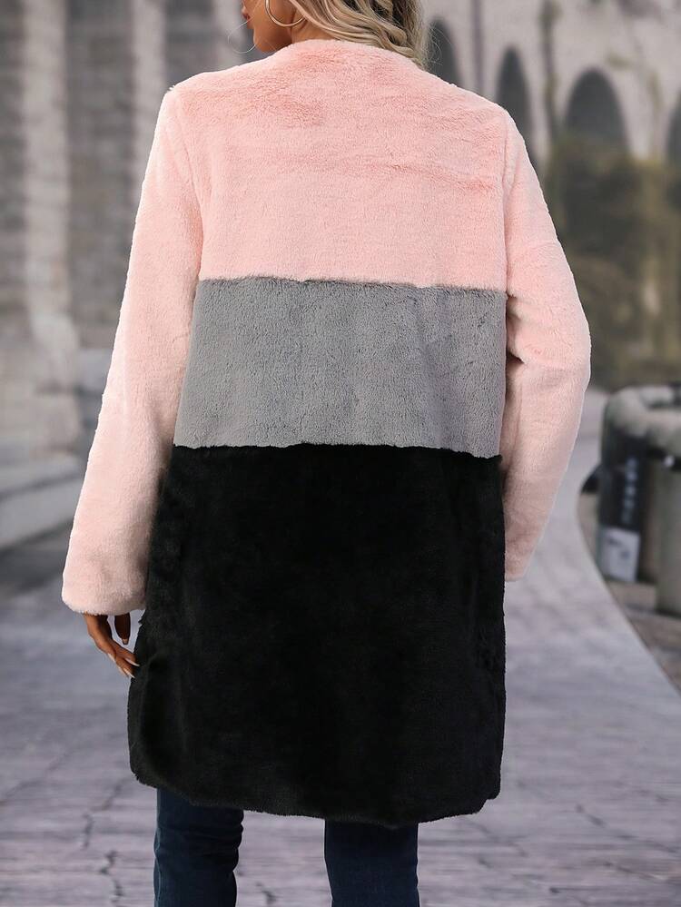 Color Block Open Front Fuzzy Coat Fall Cloth For Women
