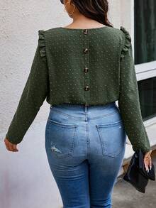 Calvaya 大碼圓點荷葉邊後紐扣襯衫 - 軍綠色 - 查看 5