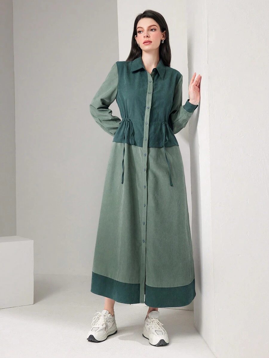 Mulvari Vestido camisero de dos tonos de cintura con cordón - Verde - Ver 1