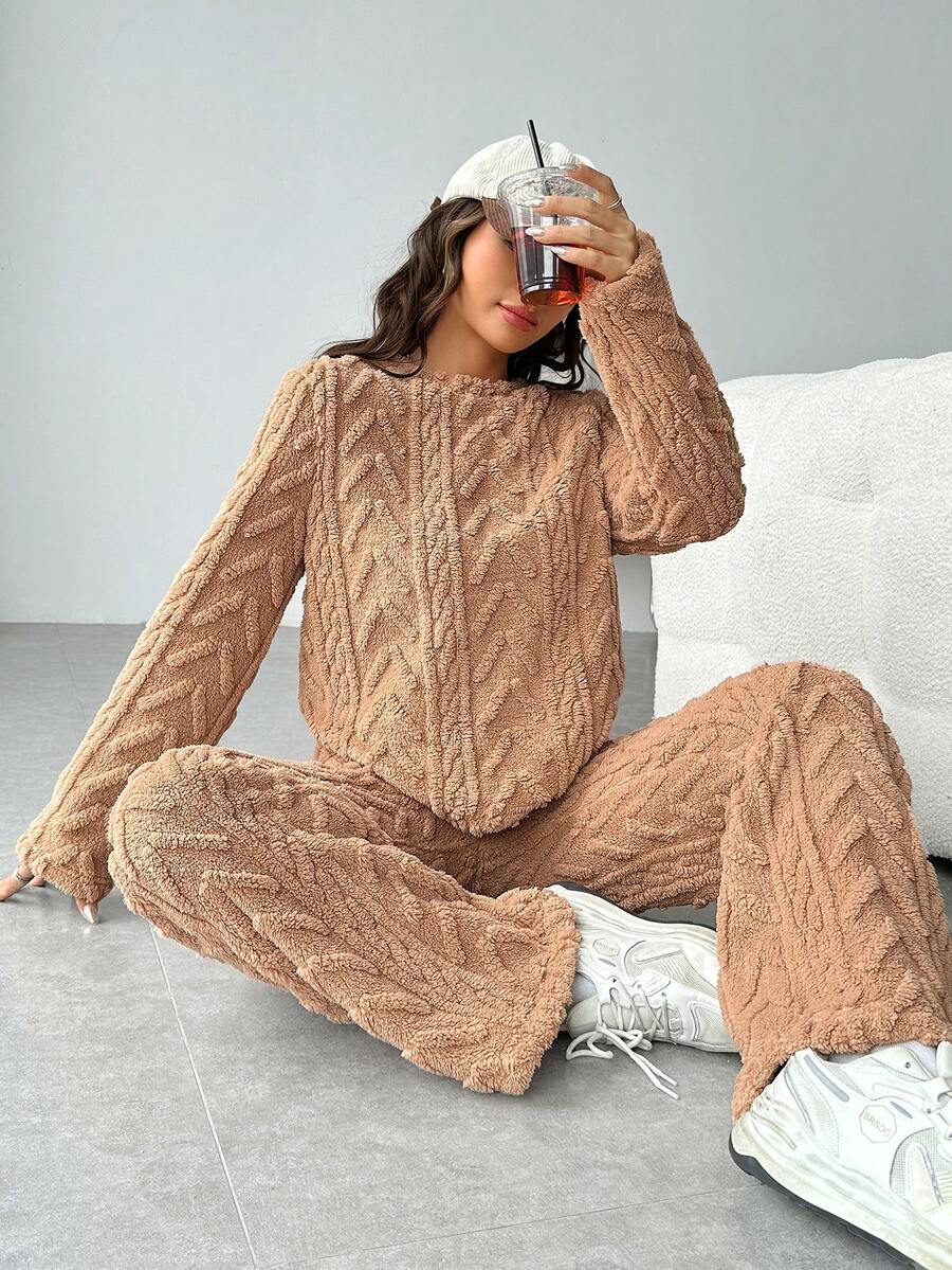 SHEIN EZwear Chất rắn Teddy Áo nỉ & Nút eo Quần - Xám - Xem 1