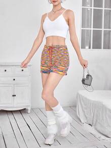SHEIN EZwear Drawstring Waist Space Dye Knit Shorts - Multicolor - View 5