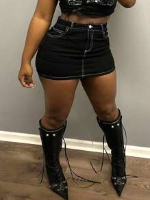 Top-stitching Bodycon Denim Skirt - Black - View 4