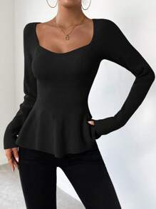 Chiquease Sweetheart Neck Raglan Sleeve Peplum Hem Sweater - Black - View 3