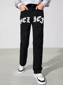 SHEIN Teen Boy Letter Graphic Ripped Jeans