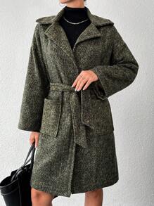 EURMUSE Herringbone Dual Pocket Drop Shoulder Overcoat - Khaki - View 4