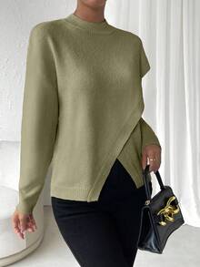 SHEIN LUNE 素色落肩袖交叉圍裹不對稱下擺套頭毛衣 - 橄欖綠 - 查看 7