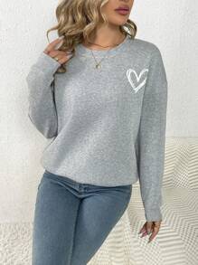 SHEIN LUNE Heart Print Drop Shoulder Sweatshirt - Grey - View 5