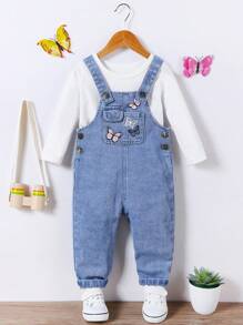 SHEIN Playful Pals Baby Girl Butterfly Embroidery Denim Overalls Without Tee