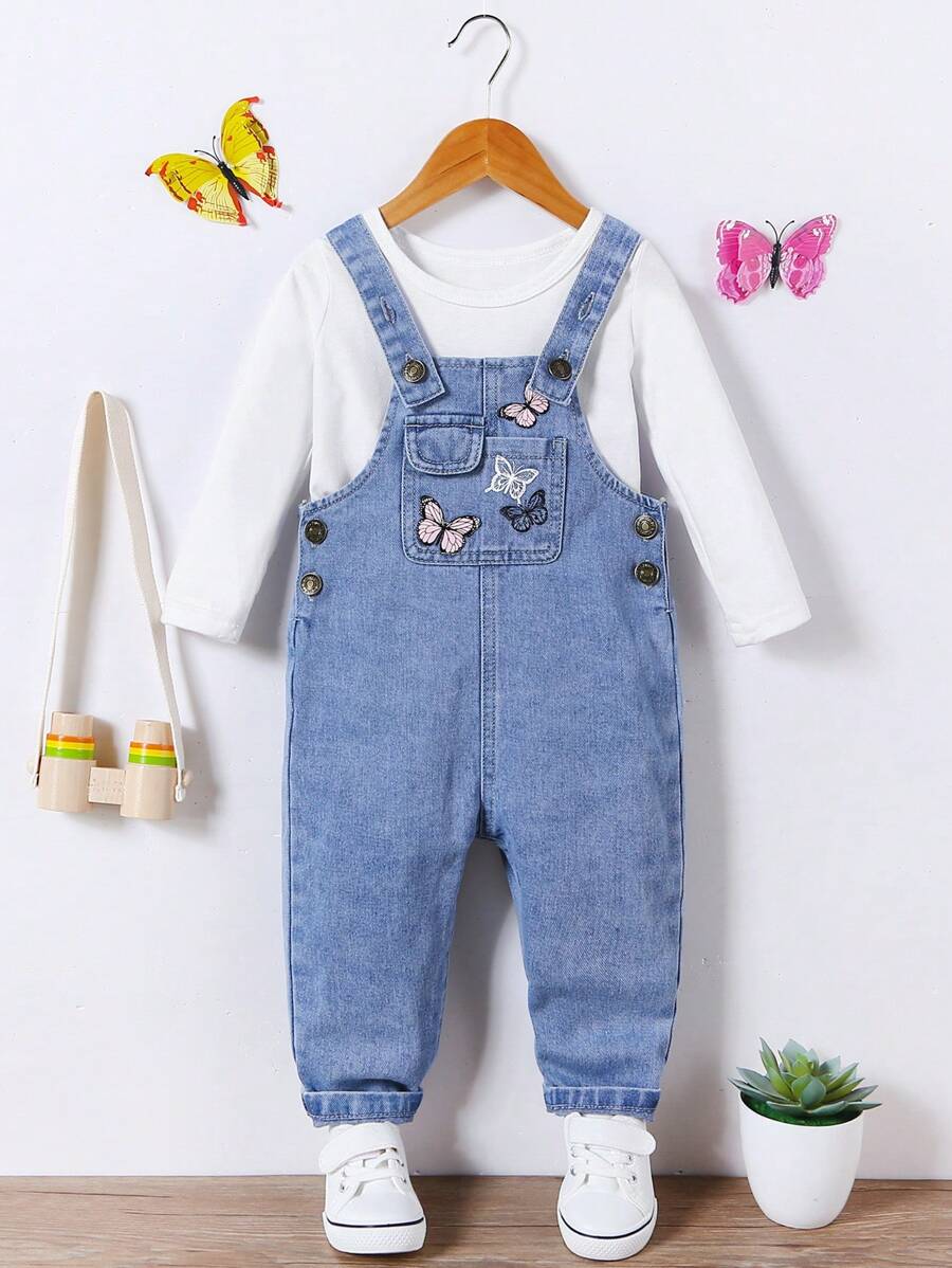 SHEIN Playful Pals Baby Girl Butterfly Embroidery Denim Overalls Without Tee