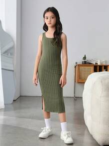 SHEIN Tween Girl Fitted College Lantern Sleeve Woolen Striped Cardigan Slit Long Tank Top Two-Piece Set - Olive Green - View 3