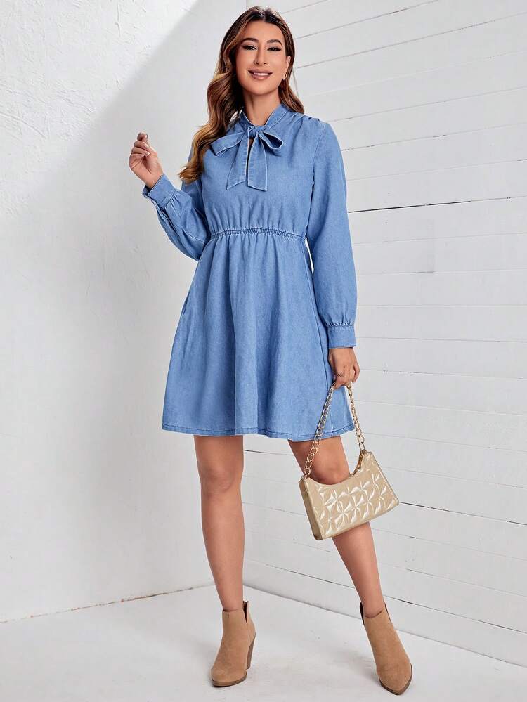 Tie Neck Lantern Sleeve Denim Dress