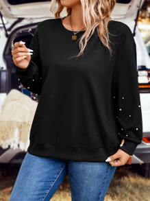 SHEIN LUNE Plus Pearls Beaded Drop Shoulder Sweatshirt - Black - View 3