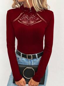 SHEIN Clasi Contrast Lace Mock Neck Tee - Burgundy - View 4