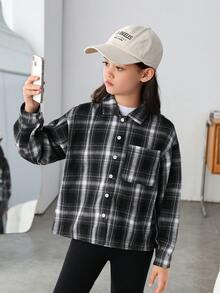 SHEIN 女大童格紋印花字母圖案落肩袖襯衫 - 黑與白 - 查看 6