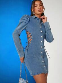 Denimoi Lace Up Cut Out Puff Sleeve Bodycon Denim Dress - Blue - View 1