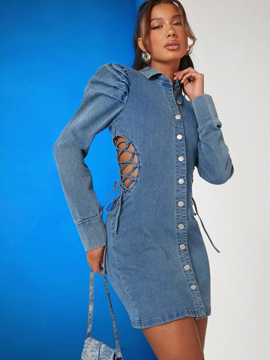 Denimoi Lace Up Cut Out Puff Sleeve Bodycon Denim Dress - Blue - View 1