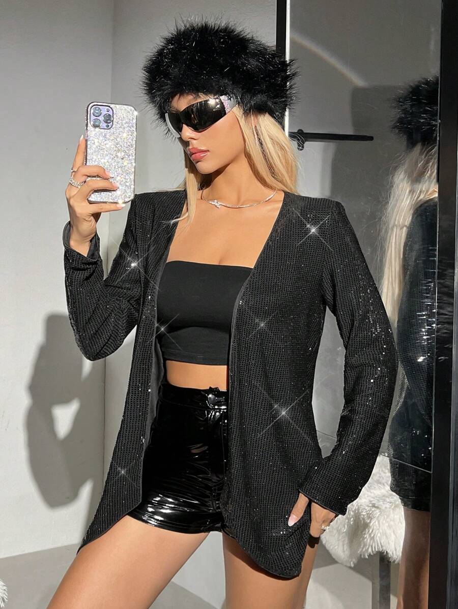 SHEIN ICON 開門襟亮片外套 - 黑色 - 查看 1