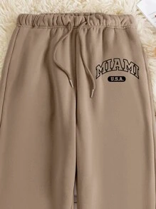 SHEIN EZwear Pantalones Jogger Con Estampado De Letras Y Dobladillo Elástico Para Mujeres - Caqui - Ver 5