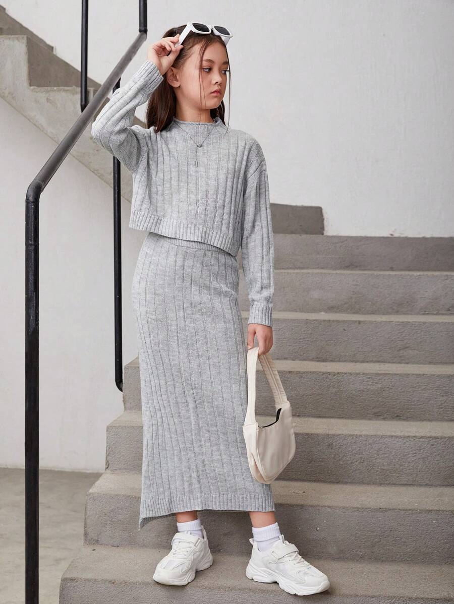 Cô gái Tween Cổ giả Thả vai Sweater & Knit Skirt - Xám - Xem 1
