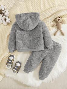 SHEIN Bé trai Thêu Chữ Thiết kế tai 3D Teddy Hoodie & Quần - Xám - Xem 2