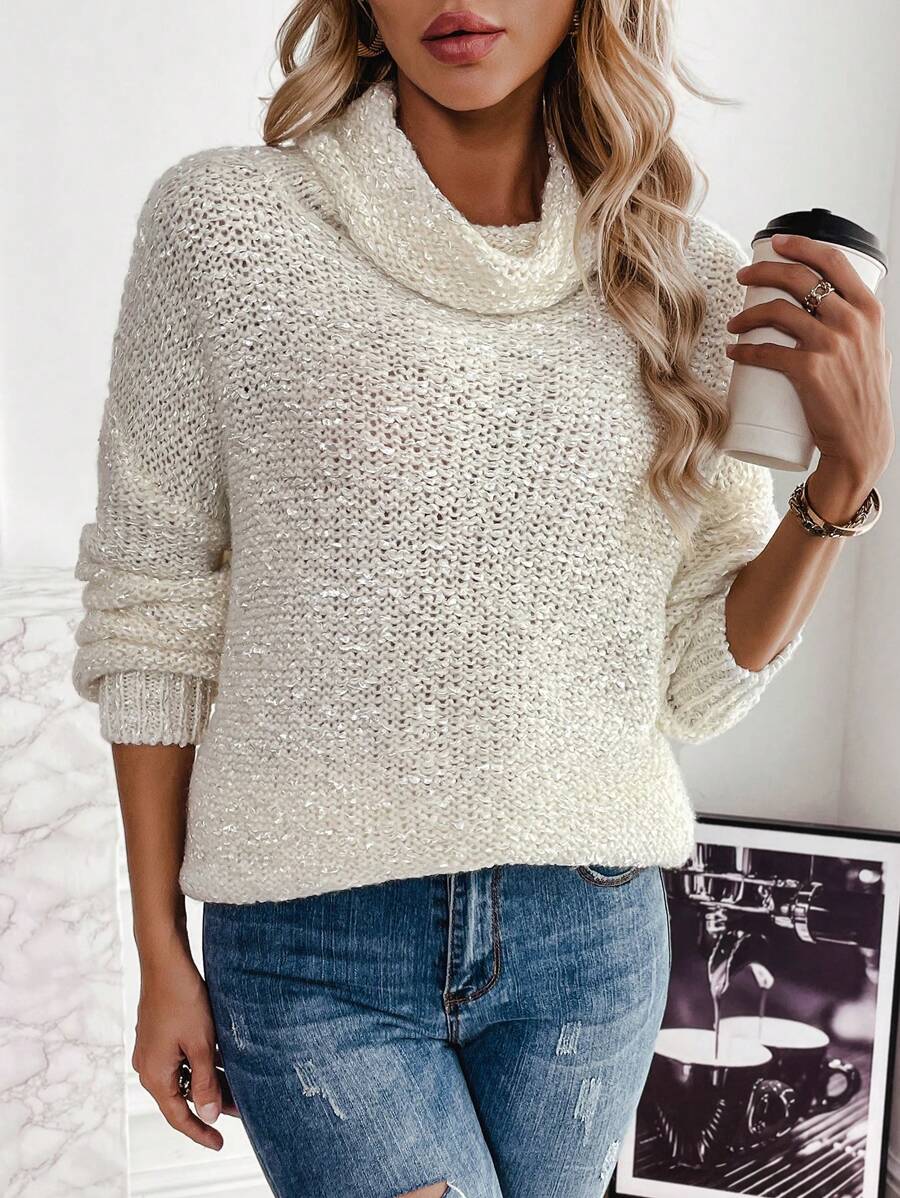 SHEIN LUNE Áo len chui đầu cổ đổ vai dáng suông, thích hợp cho mùa thu đông. - trắng - Xem 1