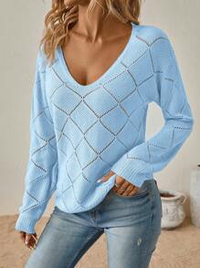 SHEIN Clasi Solid Pointelle Knit Sweater In Fall/Winter