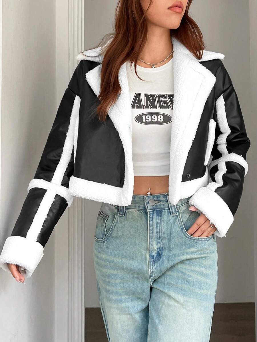 SHEIN EZwear Teddy Lined Zip Up Crop Jacket - Black and White - View 1