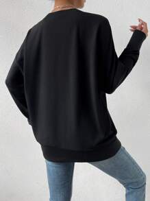 Chiquease Fringe Trim Drop Shoulder Asymmetrical Hem Sweatshirt - Black - View 2