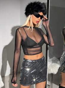 SHEIN ICON 夏季實心綁緊蕾絲透明網紗黑色短上衣(無胸墊) - 黑色 - 查看 5