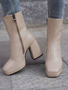 卡其色短靴帶防水台,PU皮革材料高跟鞋秋冬簡約風&多用途女性鞋 - 卡其色 - 查看 3