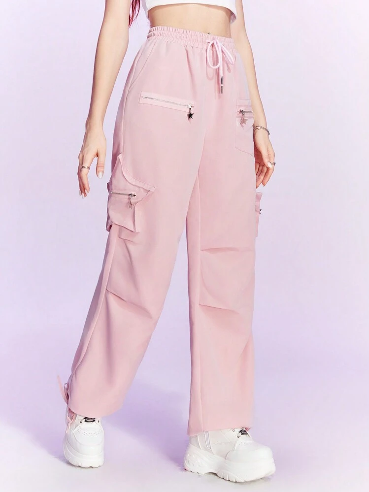 ROMWE Kawaii Pantalones cargo unicolor de cintura con cordón - Rosa - Añade 5