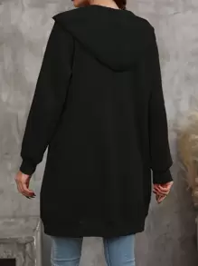 SHEIN LUNE 纯色拉链连帽运动衫，长袖上衣 - 黑色 - 查看 2