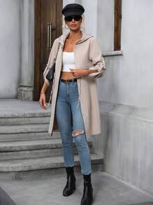 SHEIN Essnce 捲邊袖腰部抽繩連帽風衣外套 - 卡其色 - 查看 6