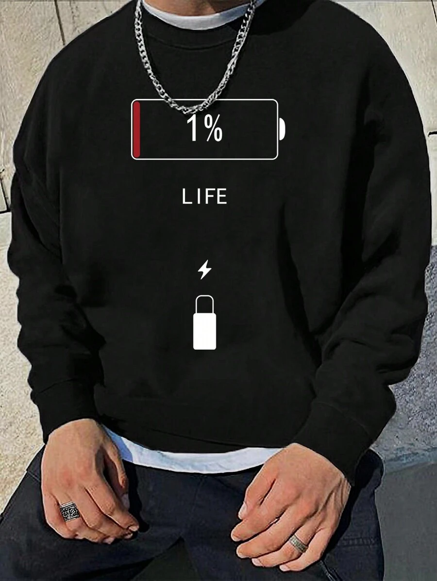 Hombres Sudadera con estampado de letra de hombros caídos sin camiseta - Negro - Ver 1