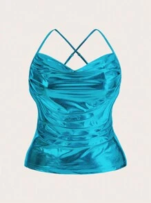 Flirla 大碼垂領露背交叉褶邊吊帶上衣 - 藍色 - 查看 1
