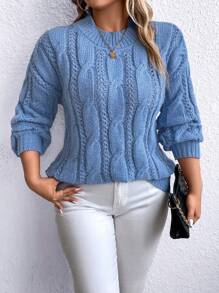 SHEIN Clasi 大碼麻花編織落肩袖套頭毛衣 - 藍色 - 查看 1